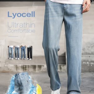 High Quality Lyocell Fabric Jeans Men Summer Thin Loose Wide Leg Pants Work Outdoor Wear Slacks Jogger Street Clothing Trousers