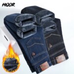 HIQOR Winter Fleece Thick Jeans Men Business Casual Straight Trousers Male Classic Blue Black Jeans For Men Work Denim Man Pants