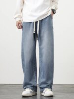 2024 New Wide Leg Jeans Men Plus Size 8XL 7XL 6XL Solid Color Drawstring Straight Denim Pants Casual Baggy Jeans Trousers Male