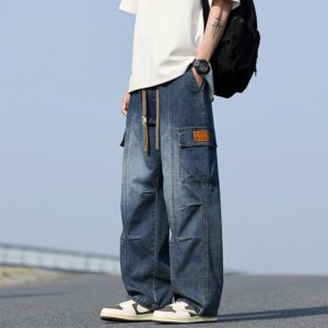 Spring New Wide Leg Washing Jean Cargo Pants Men Street Trousers Neutral Solid Color Loose Casual Thin summer pants Big Size 8xl