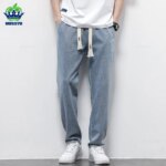 Spring Summer Men's Jeans Cotton Soft Drawstring Straight Pants Elastic Waist Vintage Korea Casual Trousers Male Plus Size S-5XL
