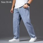 Thick Jeans  Wide Leg For Men Autumn Straight 140KG Stretched Gray Denim Trousers Elastic Waist Plus Size 42 44 46 Male Pants