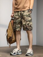 Summer Camouflage Cargo Shorts Men Stretch Cotton Drawstring Work Wear Straight Casual Shorts Male Loose Bermuda Short Pants