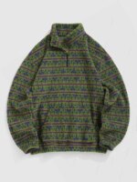 ZAFUL Men's Fuzzy Polar Fleece Tiny Printed Quarter Zip Kangaroo Pocket Pullover Stand Collar Sweatshirt
