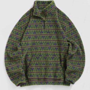 ZAFUL Men's Fuzzy Polar Fleece Tiny Printed Quarter Zip Kangaroo Pocket Pullover Stand Collar Sweatshirt