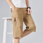 Summer Men Cotton Cargo Shorts Knee Zipper Pocket Casual Tactical Short Elastic Waist Climbing Sports Joggers Cropped Pants Male