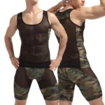 Sexy Men Undershirts Set Fitness Camouflage Shorts and Vest Jumpsuit Transparent Fun Jumpsuit Catwalk Nightclub Stage Suit