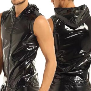 Men PVC Hoodies Tank Tops PU Leather Zipper Sleeveless Latex Hooded Shirts Vest Sexy Party Clubwear Fitness T-shirts Streetwear