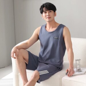 Plus Size 4XL-7XL Men Pajama Set Summer Knited Cotton Pijamas Sleeveless Sleepwear Suit