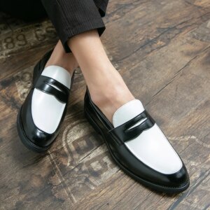 Luxury Brand Black and White Colorblock Loafers Men Slip-On Classic Style Casual Leather Shoes Thick Sole High Quality Moccasin