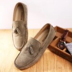 Fashion Brand Men's Suede Leather Shoes Soft Soles Comfortable Men's Loafers Massage Soles New Blue Commuting Driving Shoes