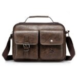 Men's Black PU Leather Handbag Messenger Valise Shoulder Bag with Front Pocket Zipper Briefcase Retro Cartoon Letter Outdoor