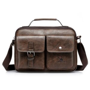 Men's Black PU Leather Handbag Messenger Valise Shoulder Bag with Front Pocket Zipper Briefcase Retro Cartoon Letter Outdoor