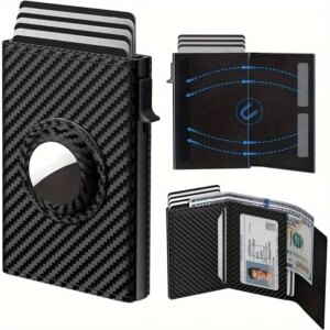 Premium Genuine Leather Carbon Fiber AirTag Wallet for Men, 9 - 14 Cards