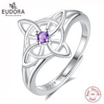 Eudora 925 Sterling Silver Witch Knot Adjustable Ring for Women Man Irish Celtic Knot Witchcraft CZ Ring Wicca Jewelry Party Gif