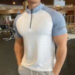 Breathable Short Sleeve Zipper collar Men Running Fitness Tshirt elastic Quick Dry Sports Bodybuilding tennis Training Shirts