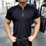 Men Short Sleeve Running Shirt Sports Outdoor Jogging Tops Gym Training Dry Fit Training Sportswear elastic Polo zipper T-shirt