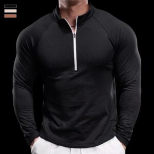 Gym Fitness Long-sleeved T-shirt Men Autumn Running Quick Dry Breathable Micro-elastic Stand-up Collar Training Sports Leisure