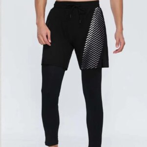 Men Double-deck 2 in 1 Sportswear Jogging Trousers Gym Training Tracksuit Workout Sport Sweatpants Compression Running Pants