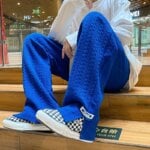 Men High Street Sweatpants Fashion Loose Casual Side Slit Straight-Leg Pants Vintage Blue Jacquard Casual Bottoms Male Clothes