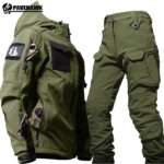 Mens Thicken Tactical Set Windproof Waterproof Outdoor Suit Soft Shell Multi-Pocket Hooded Jackets+Fleece Work Pants 2-piece