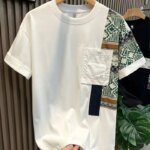 Men's Summer New Round Neck Pullover Fashion and Elegant Casual T-shirt Printed Pocket Panel Supple Versatile Short Sleeve Tops