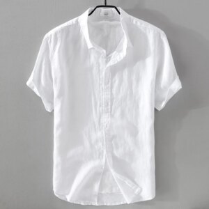 2025 Pure Linen Short Sleeved Shirt Men's Linen White Shirt Cotton Linen Men's Upper Garment Men's Casual Summer Half Sleeved