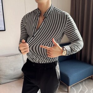 High-quality Houndstooth Shirts for Men 2024 Spring High Elasticity Slim Casual Shirt Brand Men Clothing Social Party Streetwear
