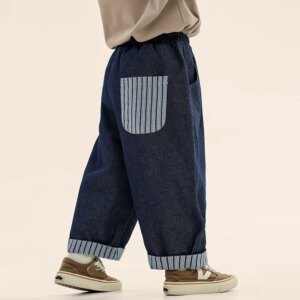 Spring Children's Daily Clothes 2-7T Boys' Striped Patchwork Pockets Jeans Korean Style Flanging Kids Boy Trendy Denim Pants