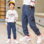 Fashion Boys Letter Jeans Pants Spring Autumn Kids Denim Trousers Casual Clothes For Teenager Boy Loose Sport Pants for 5-12Year