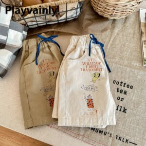New Summer Children Half Pants Boys and Girls Beige Khaki Cartoon Letter Print Shorts Kids Unisex Casual Short Trousers A23275