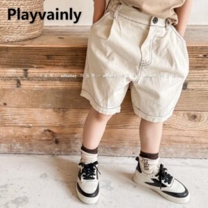New Summer Children Casual Shorts Solid Color Elastic Waist Loose Short Pants Kids Boys and Girls Half Cargo Trousers A22296