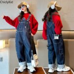 Hip Hop Girls Loose Denim Jumpsuits Label Overalls Dungaree BoysWide Leg Straight Trousers Child  Kid Fashion Casual Jeans Pants