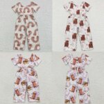 Wholesale Baby Girl Jumpsuit Toddler Children Western Short Sleeves One-piece Kid Bell Pants Western Cow Print Floral New Romper