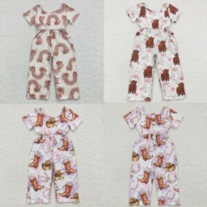 Wholesale Baby Girl Jumpsuit Toddler Children Western Short Sleeves One-piece Kid Bell Pants Western Cow Print Floral New Romper