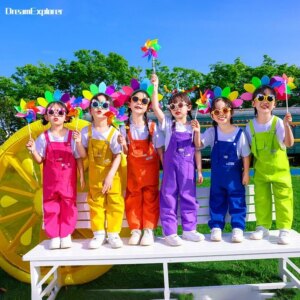 Boys Hip Hop Loose Colorful Overalls Girls Patchwork Dungaree Children Candy Color Jumpsuit Street Dance Romper Kids Streetwear