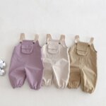 2025 New Kids Overalls 0-5Years Childrn Boy Girl Solid Color Pocket Jumpsuit Cargo Suspender Pant Fashion Bottom Spring Clothes