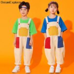 Boys Hip Hop Colored T-shirt Loose Contrast Overalls Girls Patchwork Dungaree Child Jumpsuit Street Dance Romper Kids Streetwear