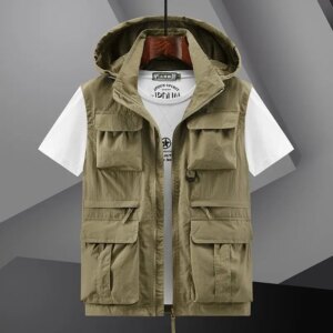 Spring New Outdoor Hooded Fishing Vest Mens Solid Breathable Multi-Pocket High Quality Vest Coat Detachable Hat Sports Vest Male