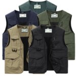 2024 Men Spring Sleeveless Many Pocket Stand Collar Vest Jackets Men Solid Color Outdoors Fishing Cargo Casual Vest Jackets Male