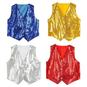 Kids Shinny Blazer Vest Boys Girls Sequined Vest Children Shining Sequins Waistcoat Hip-hop Dance Party Street Show Costume Vest