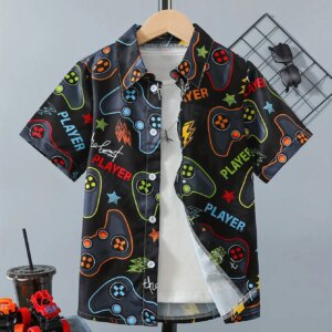 Children's Clothing Boy Gamepad Pattern Trendy Shirt Kids Clothes Casual Short Sleeve Turndown Collar Creative Summer Tops