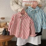 2025 Spring Fall Boys and girls Vertical stripes shirts Kids children turn-down collar casual blouses Tops