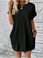 Minimalist Solid Color Mini Skirt Women's Temperament Round Neck Pocket T Shirt Dress Summer Casual 2024 New Dresses