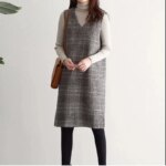 Korean Spring New Print Thousand Bird Plaid Woolen Vest Dress Women V-neck Patchwork Pocket Mid Length Vest Sleeveless Dresses
