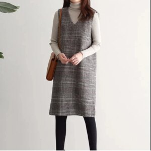 Korean Spring New Print Thousand Bird Plaid Woolen Vest Dress Women V-neck Patchwork Pocket Mid Length Vest Sleeveless Dresses