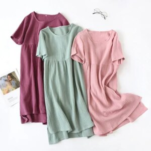 Vintage 100% Cotton Gauze Summer Dress Solid O-Neck Short Long Basic Home Women Sundress Parent-Child Outfit Muslim，121964WLA