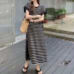 2024 New Casual Korean Striped O-neck Short Sleeve Long Dress Ladies Simplicity Patchwork Loose Tshirt Dress Women Clothing