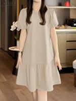 ZANZEA Women Casual Ruffled Hem Knee-length Dress 2025 Summer Short Puff Sleeve Solid A-line Vestidos Elegant Holiday Robe Femme