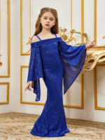 10-Year-Old Girl Birthday Party Wedding Flower Girl Off-Shoulder Shiny Mesh Evening Dress Girl Performance Dress Prom Gown